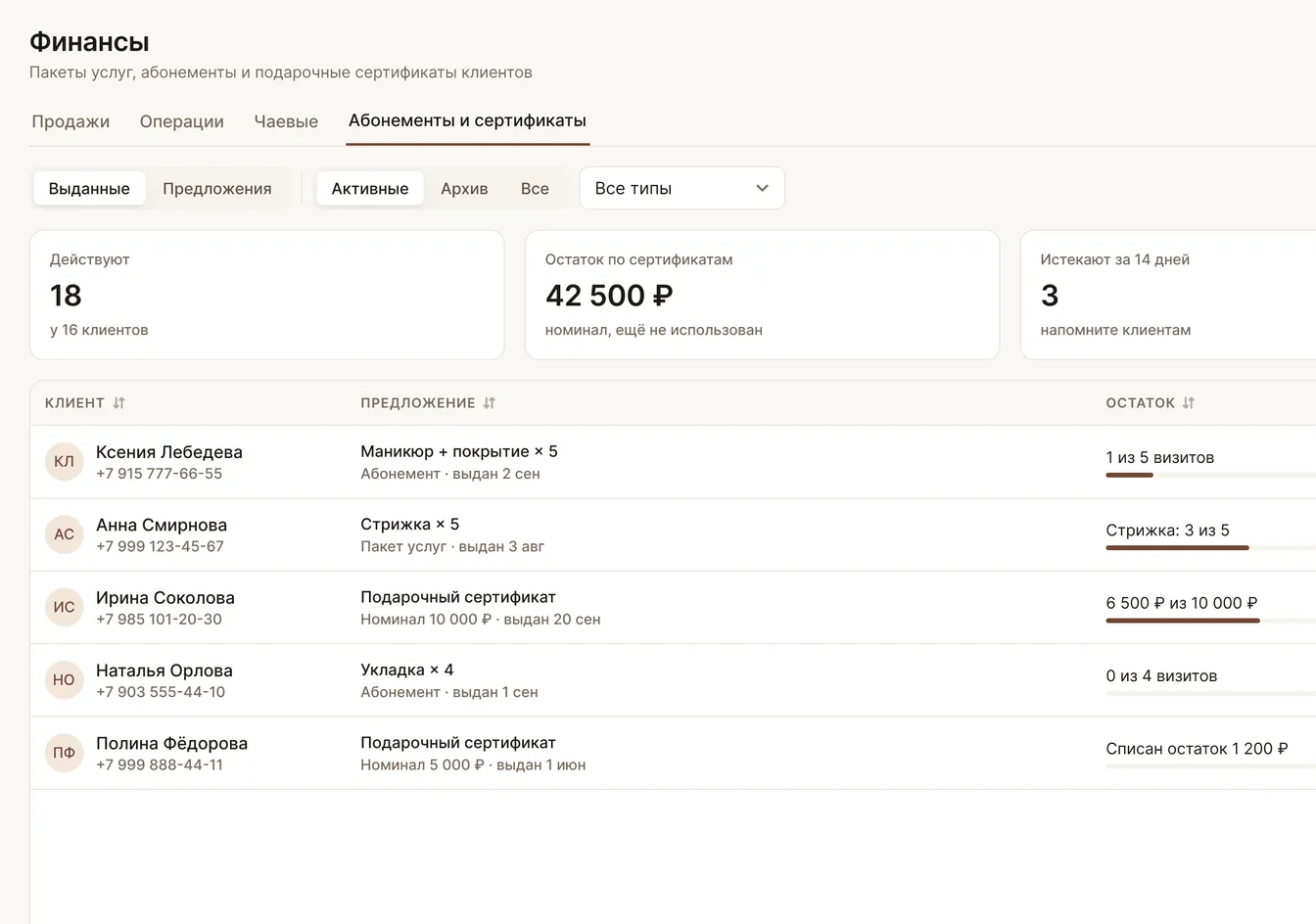 Абонементы и сертификаты: экран кабинета